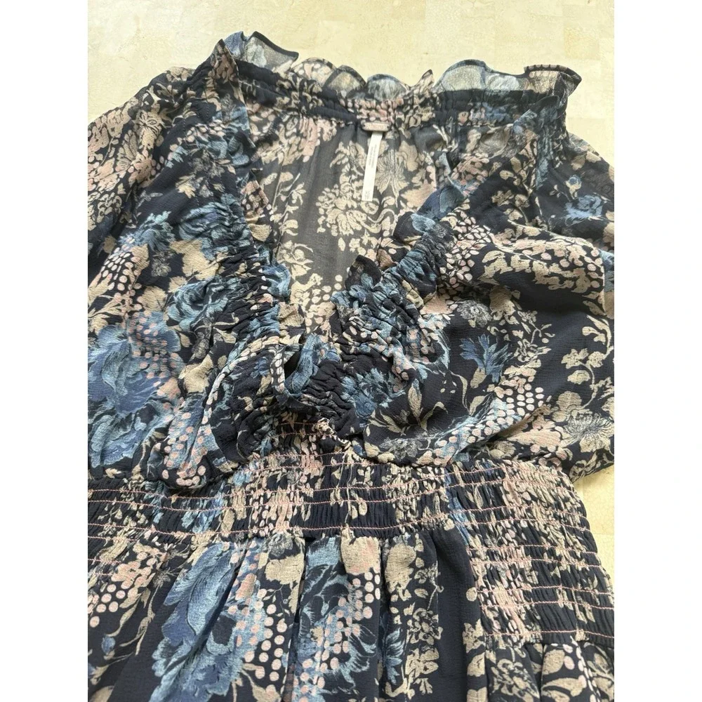 Free People Lena SOLD OUT Floral Swing Midi Dress Boho Peasant Fairy Flowy Sz XS - Picture 10 of 11